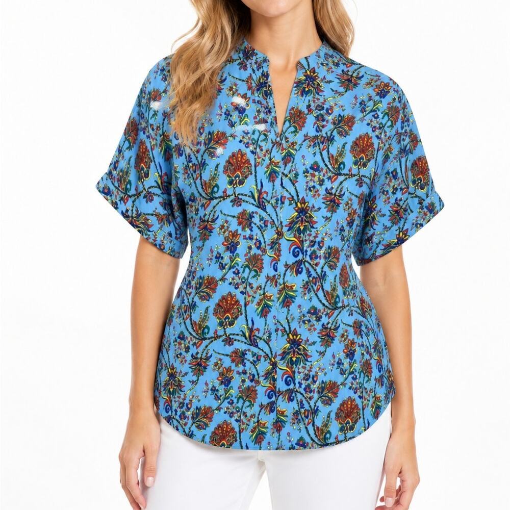 BOHO Blue Floral Block Print Blouse